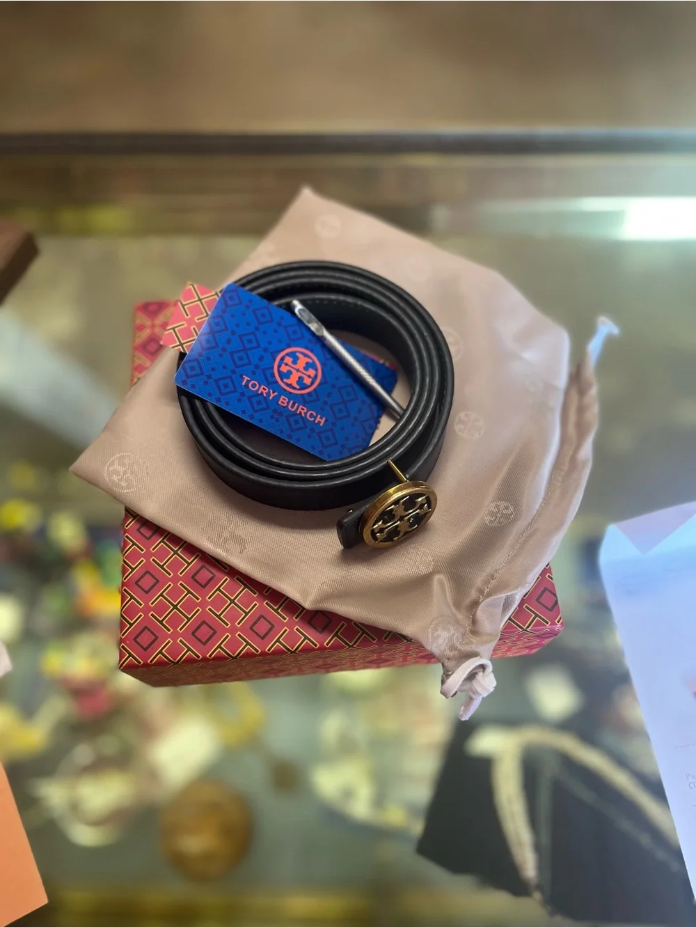 Tory Burch Black Leather Belt with Gold Tory Burch Logo